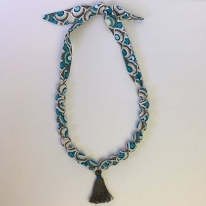 Fabric covered wooden bead necklace with tassel